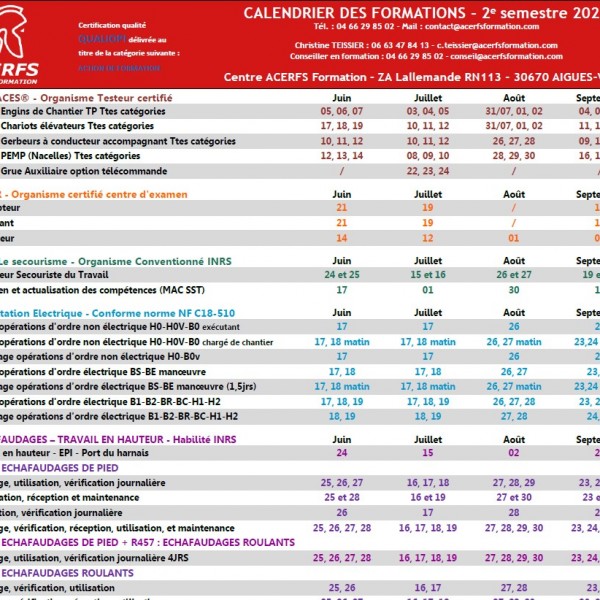 Calendrier Inter Aigues-Vives 2e Semestre 2024
