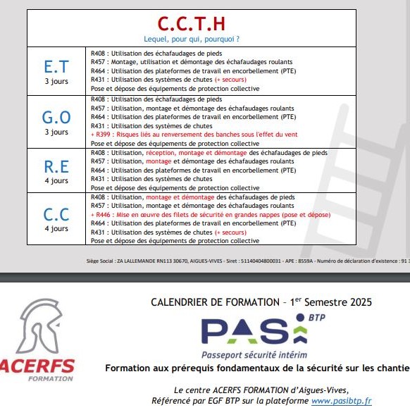 Calendrier CCTH & PASI® 1er semestre 2025