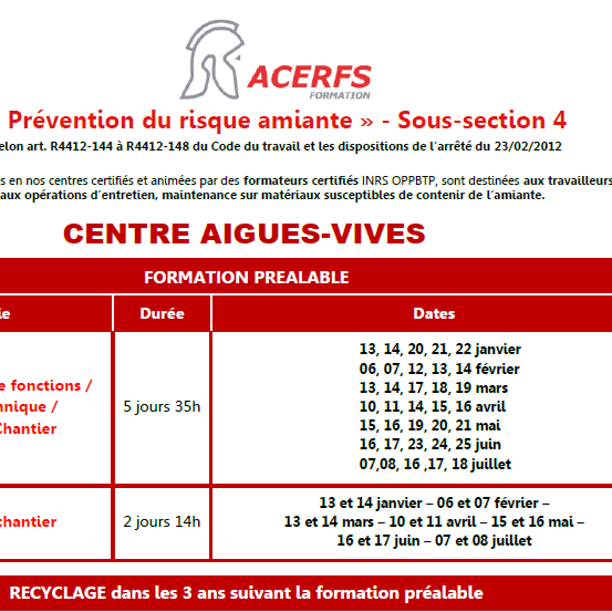 Calendrier Amiante Sous-Section 4 - 1er Semestre 2025