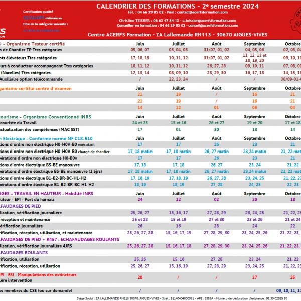 Calendrier Inter Aigues-Vives 2e Semestre 2024