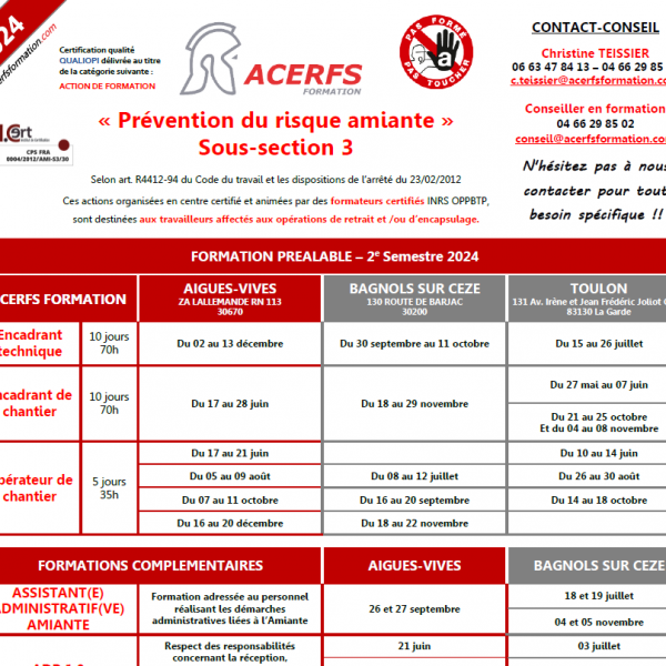 Calendrier Amiante Sous-Section 3 - 2e Semestre 2024