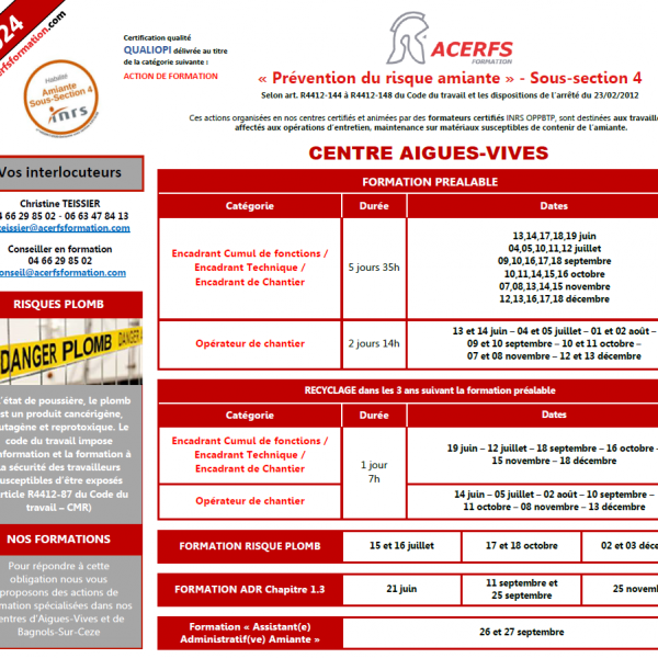 Calendrier Amiante Sous-Section 4 - 2e Semestre 2024